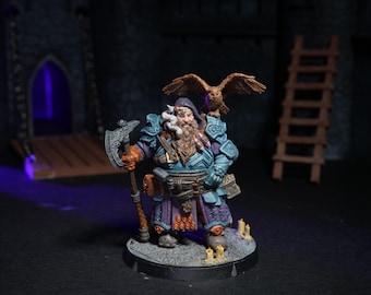 Dwarf Fighter Miniature with Battle Axe and Falcon Familiar RPG Mini for DnD Pathfinder TTRPGs 3D Printed Resin Miniature for Painters