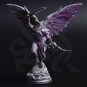 May include: A purple and gray owl warrior statue with outstretched wings, holding a sword and a weapon. The figure is standing on a rocky base. The statue has detailed feathers and armor.