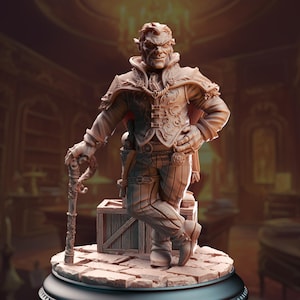 May include: A detailed bust of a male fantasy character with pointed ears, wearing an ornate jacket and striped pants. He leans on a wooden crate and holds a decorative cane. The figure is set on a stone-like base.