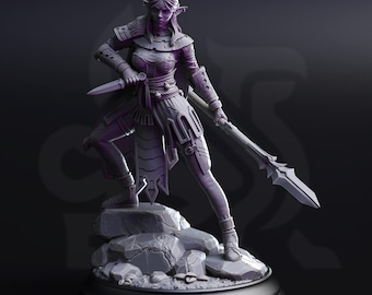 Drow Ranger Miniature dark elf pathfinder scout 3d printed DnD miniature for TTRPG tabletop spear and dagger skirmisher encounter ready