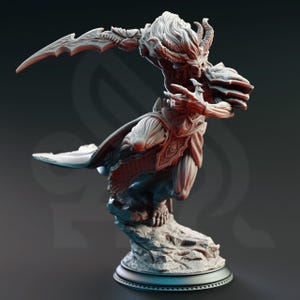 May include: A detailed sculpture of a fantasy creature with a horned head, intricate armor, and a large, curved blade. The figure is posed dynamically, with a textured base and a dark background.