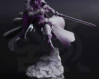 Female Human Fighter Miniature 3d printed DnD for TTRPG tabletop dynamic duelist with longsword heroic pose player character npc figure