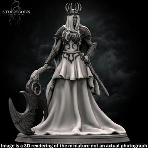 May include: A white 3D printed miniature of a female figure wearing a crown, a flowing gown, and armor. She holds a large, curved sword in her right hand and a smaller sword in her left hand. The figure is standing on a circular base.