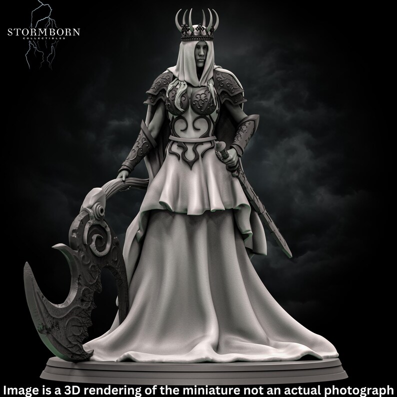 May include: A white 3D printed miniature of a female figure wearing a crown, a flowing gown, and armor. She holds a large, curved sword in her right hand and a smaller sword in her left hand. The figure is standing on a circular base.
