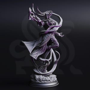 May include: A detailed statue of a robed figure with an elaborate headdress and flowing ribbons. The figure is in a dynamic pose, with arms outstretched, and stands on a rocky base. The color palette is primarily shades of gray and purple.