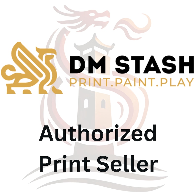 Pode incluir: Um logotipo para DM Stash Print. Paint. Play, apresentando um drag&atilde;o estilizado com uma pagoda no fundo. O texto "Authorized Print Seller" est&aacute; abaixo do logotipo.