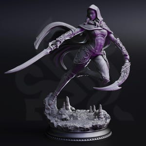 May include: A detailed figurine of a female warrior in a dynamic pose, clad in a hooded cloak and armor. She is depicted mid-leap, wielding two curved blades. The base features a rocky terrain, and the figure is rendered in shades of gray.