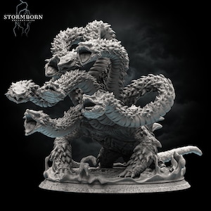 May include: A gray, detailed, multi-headed, sculpted dragon with a textured, scaly body. The dragon has five heads, each with a wide open mouth, and is standing on a base.