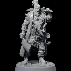May include: A gray plastic miniature figurine of a warrior with a beard and dreadlocks, wearing a long coat and holding a sword and a knife. The figurine is standing on a gray plastic base.