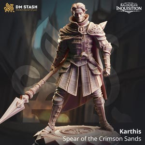 May include: A detailed miniature figurine of a warrior holding a spear, painted in a light brown color. The figurine is standing on a circular base with intricate details. The text "Karthis Spear of the Crimson Sands" is printed below the figurine.