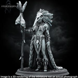 May include: A gray 3D printed miniature of a female figure with a bird skull mask, feathers, and a staff with skulls. The figure is standing on a round base.