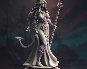 Female Tiefling Cleric Miniature 3D Printed DnD Miniature For TTRPG Tabletop Female War Priest With Staff Healer Or Boss NPC Resin Figure