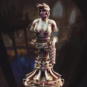 May include: A steampunk-themed bust sculpture of a woman with goggles and a detailed mechanical design. The sculpture features intricate details, including gears, spikes, and a corset-like top. The color is a muted, off-white with subtle shading.