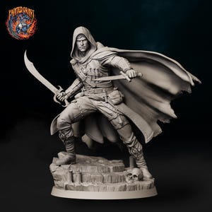 May include: A detailed figurine of a hooded figure in a dynamic pose, holding two curved swords. The figure is clad in a tunic, pants, and boots, with a flowing cape. The base features a skull and rock formations. The logo "PAINTED OR NOT" is in the upper left corner.