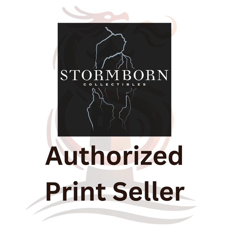May include: Black and white logo with a lightning bolt design and the text "STORMBORN COLLECTIBLES". Below the logo is the text "Authorized Print Seller".