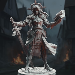May include: A gray, detailed miniature figurine of a female warrior wearing armor and holding a sword and a book. The figurine is standing on a circular base.