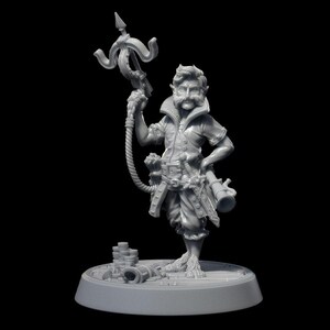 May include: A gray painted miniature figurine of a bearded, gnome-like figure wearing a pirate outfit and holding a rope-wrapped trident. The figure is standing on a circular base with a pile of coins.