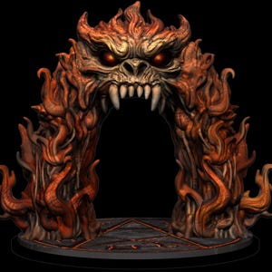 May include: A sculpted archway featuring a monstrous face with glowing red eyes and sharp fangs, surrounded by swirling orange and brown flame-like textures. The structure sits on a circular base with a geometric star pattern etched into the surface.
