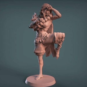 May include: A 3D-printed figurine of a martial artist in a dynamic pose. The figure is in a light brown color, with details like a hood, beads, and intricate clothing. It stands on one leg, with the other knee raised.
