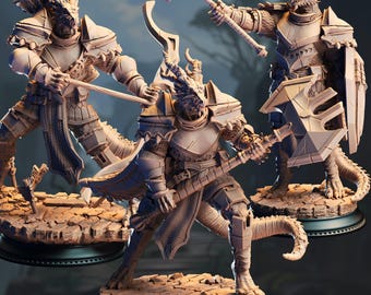 Silver Dragonborn Knight Miniature DnD 5e Paladin Resin 3D Print Tabletop Figure Dragon Army Elite Guard Model Bundle Set