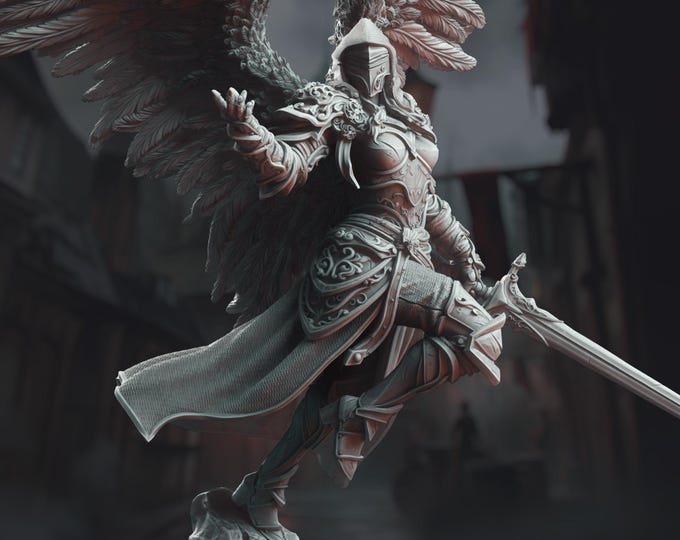 Featured listing image: Angelic Female Paladin Miniature with Wings Female Warrior DnD 3D Printed Resin Celestial Knight Mini for Aasimar or Celestial Character