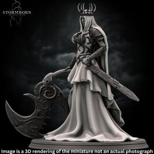 May include: A 3D printed miniature of a female figure wearing a crown and a flowing gown. She holds a sword in one hand and a large axe in the other. The miniature is painted in a gray color scheme.