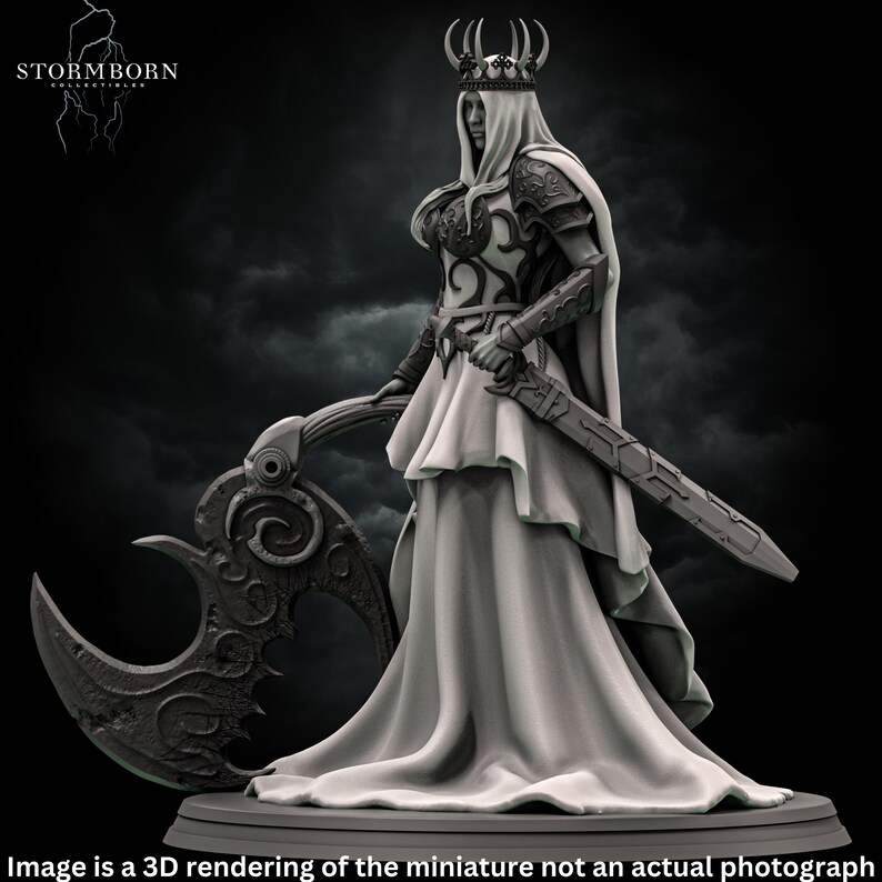 May include: A 3D printed miniature of a female figure wearing a crown and a flowing gown. She holds a sword in one hand and a large axe in the other. The miniature is painted in a gray color scheme.