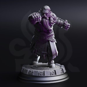 May include: A detailed figurine of a fantasy warrior with a long beard, intricate armor, and clenched fists. The figure stands on a circular base with geometric designs. The color palette is primarily shades of gray and purple, with highlights enhancing the details.