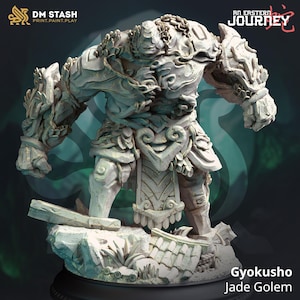 May include: A detailed, off-white statue of a Jade Golem, named Gyokusho, from the "An Eastern Journey" collection. The figure is posed on a rocky base with architectural details. The statue has intricate armor and a powerful stance. The DM STASH logo is in the upper left.