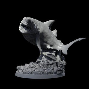 Epic Great White Shark Monster Miniature With Detailed Treasure Hoard Base Perfect For Dungeons And Dragons Pathfinder And TTRPG Campaigns