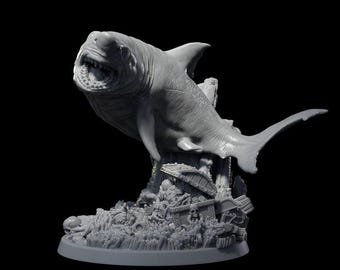 Epic Great White Shark Monster Miniature With Detailed Treasure Hoard Base Perfect For Dungeons And Dragons Pathfinder And TTRPG Campaigns