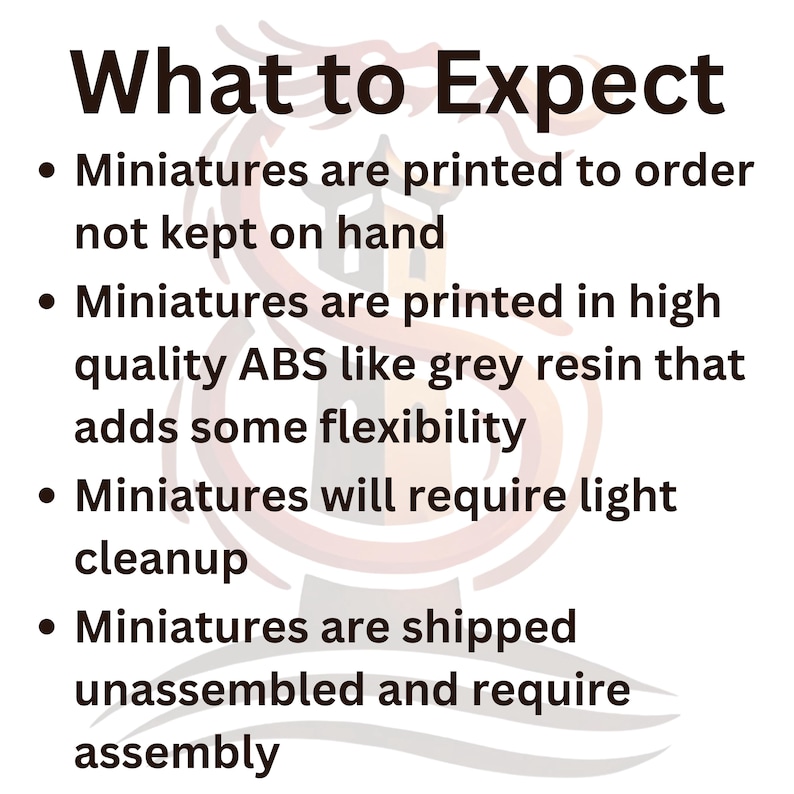 Pode incluir: O que esperar: As miniaturas s&atilde;o impressas por encomenda, n&atilde;o s&atilde;o mantidas em estoque. Elas s&atilde;o impressas em ABS de alta qualidade, como resina cinza, o que adiciona alguma flexibilidade. As miniaturas precisar&atilde;o de uma limpeza leve e s&atilde;o enviadas desmontadas e exigem montagem.