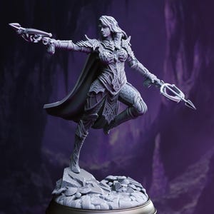 May include: A gray miniature figurine of a warrior in detailed armor, featuring a flowing cape and holding two crossbows. The figure is posed in a dynamic, leaping stance atop a rocky, textured base with visible stone and debris details.