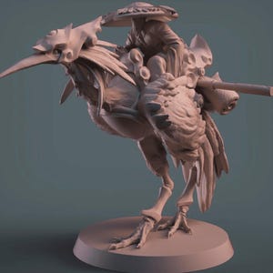 May include: A detailed sculpture of a bird-like creature with a rider. The bird has a long beak and is adorned with armor and mechanical elements. The rider wears a hat and is seated on the bird's back, holding a weapon.