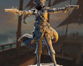 Female Tiefling Duel Pistol Pirate Gunslinger Miniature 3D Print Resin 32mm TTRPG Sea Pirate Swashbuckler DnD Tiefling Model