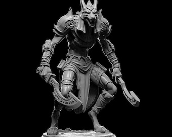 Jackal Warrior Miniature Dual Swords Fighter DnD Miniature Fantasy RPG Mini Resin Mini Tabletop Miniature Pathfinder Mini Hand Painted