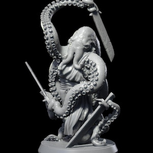 May include: A gray, detailed miniature figurine of a humanoid figure with tentacles for arms, holding two swords. The figure is wearing a flowing robe and has a stern expression.