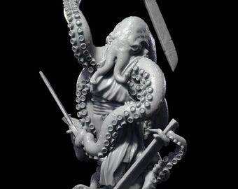 Sword Wielding Octopus Tentacled Warrior Miniature TTRPG Dungeons And Dragons Fantasy Adventure Paintable Model Available In Multiple Sizes