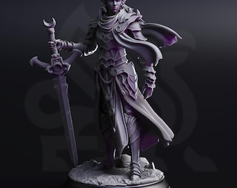 Elf Paladin Miniature 3D Printed Resin DnD TTRPG Character Female Moon Knight Fantasy Tabletop RPG Figure Crescent Sword Unpainted Model
