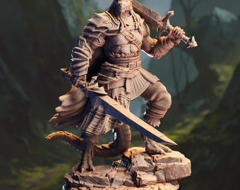 Black Dragonborn Barbarian Miniature 3D Printed Resin Figure DnD Dual Wield Berserker Black Dragonborn Resin Miniature Dual Sword Barbarian