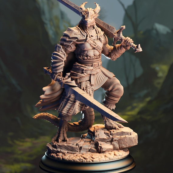 Black Dragonborn Barbarian Miniature: Dual Wield Berserker, 3D