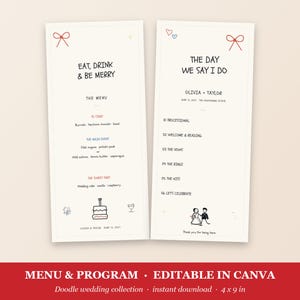 Doodle Wedding Menu and Program Template, Hand Drawn Red Bow Editable Canva Set