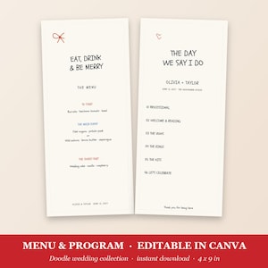 Può includere: Due cartoncini rettangolari color bianco sporco per matrimonio con testo nero in stile disegnato a mano e accenti rossi. Il cartoncino a sinistra è un menu intitolato EAT, DRINK & BE MERRY, quello a destra è un programma intitolato THE DAY WE SAY I DO.