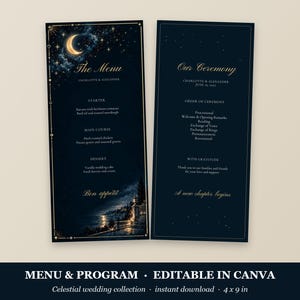 Plantilla de menú y programa de boda celestial, conjunto editable de Canva en azul marino y dorado.