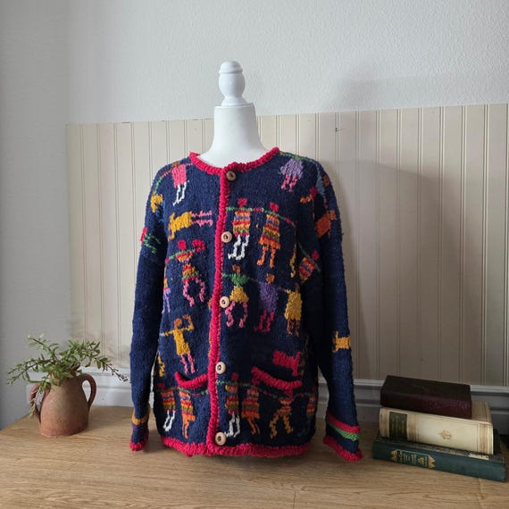 Vintage 90s AMANO Bolivian Wool Cardigan | Dancing People Folk Art Sweater | Fall clothing
