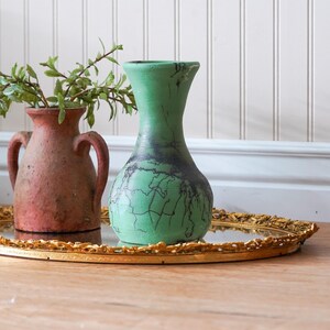 Jarrón de cerámica verde vintage / Cerámica artística estilo raku / Decoración bohemia moderna orgánica