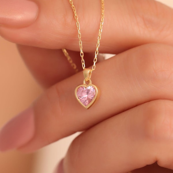 Pink Tourmaline Heart Bezel Pendant, 14K Solid Gold Necklace, October Birthstone Jewelry