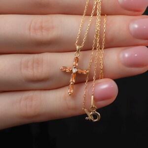 Citrine Rectangular Cross Necklace 14K 10K 8K Solid Gold Real Diamond, November Birthstone Jewelry