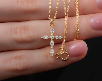 White Topaz Marquise Cross Necklace, 14K 10K 8K Solid Gold Real Diamond, April Birthstone