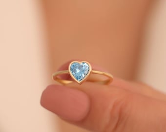 Blue Topaz Heart Bezel Ring 14K 10K 8K Solid Gold, December Birthstone Jewelry